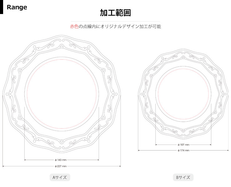ゴールドのオリジナルシャーレの加工範囲 JW-SHP-7214